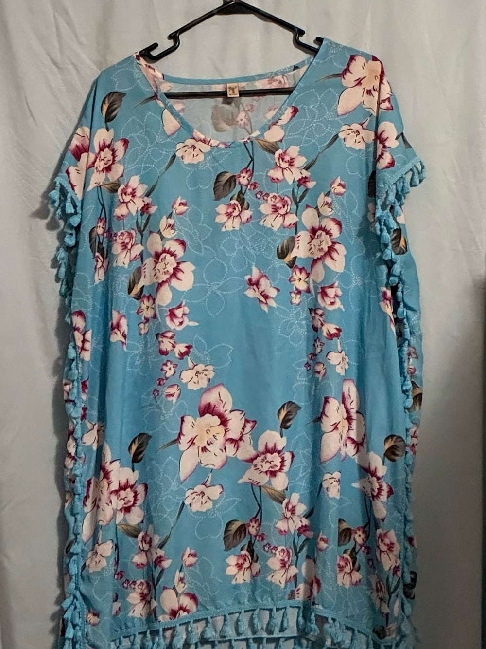 Yincro Women's Floral Kaftan Swimsuit Beach Cover Up Sky Blue Pom Pom Trim